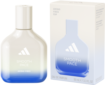 Woda perfumowana Adidas Vibes Smooth Pace, butelka i pudełko z błękitnym gradientem. Widok z przodu.