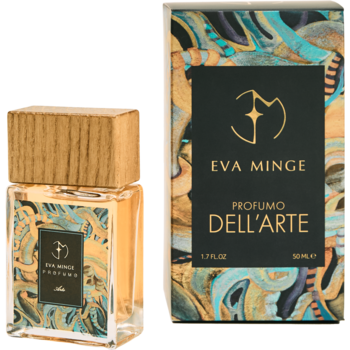 Flakon z drewnianą zatyczką i pudełko perfum Eva Minge Dell’Arte, orientalno-gourmand, w artystyczne wzory.