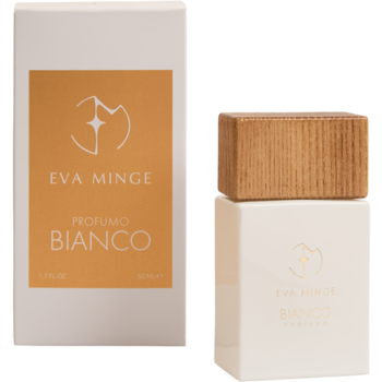 Eva Minge Bianco woda perfumowana. Biała butelka z drewnianą nakrętką i jej eleganckie białe pudełko, widok z przodu.