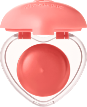 Dasique Souffle Color Lip & Cheek Balm Mango Spread. Brzoskwiniowy krem w otwartym, sercowym opakowaniu, widok z góry.