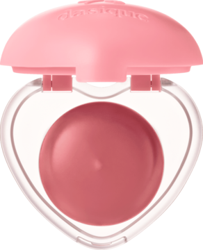 Otwarty, różowy kompakt Dasique Souffle Color Mocha Bun w kształcie serca, z balsamem do ust i policzków.