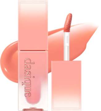 Dasique Juicy Dewy Mood Mango błyszczyk w brzoskwiniowym ombre. Dwie tubki i swatch na białym tle, widok z przodu.