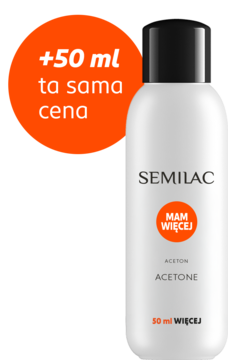 Biała butelka acetonu Semilac z czarną zakrętką, napisy: ACETONE, MAM WIĘCEJ. Wyróżniona oferta: +50 ml w tej samej cenie.
