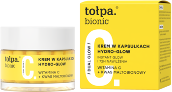 Tołpa Bionic Hydro-Glow krem w kapsułkach z witaminą C. Żółty słoik i pudełko, widoczne z przodu.
