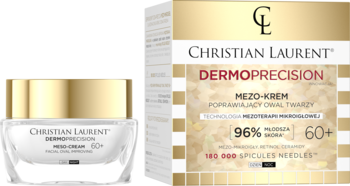 Christian Laurent Dermoprecision Mezo-krem 60+ na owal twarzy z mikroigłami, słoik i złote pudełko.