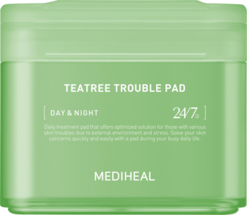 Zielony pojemnik Mediheal Teatree Trouble Pad, widok z przodu. Płatki z ekstraktem do cery problematycznej.