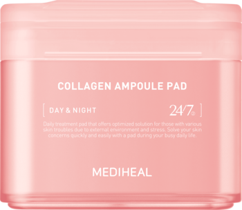 Różowe opakowanie Mediheal Collagen Ampoule Pad, prostokątny słoik z płatkami do twarzy, widok z góry i przodu.