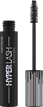 Otwarty czarny tusz do rzęs Catrice Hyper Lash z aplikatorem obok, uchwyt szczoteczki z holograficznym wzorem.