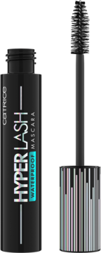 Czarna mascara Catrice Hyper Lash Waterproof z wyciągniętą szczoteczką, holograficzny napis na tubce i uchwycie.