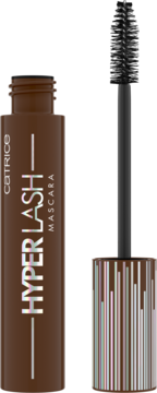 Catrice Hyper Lash Mascara 020 Speedy Brown, otwarta brązowa tuba i czarna szczoteczka z włókna.
