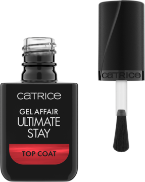 Catrice GEL AFFAIR Ultimate Stay Top Coat w czarnej butelce, z czerwonym paskiem i odkręconym pędzelkiem.