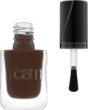 Ciemnobrązowy lakier żelowy Catrice Gel Affair Double Shot Diva, otwarta szklana butelka i pędzelek obok.