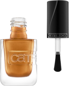 Lakier Catrice Gel Affair Copper Cabana, w złotej butelce z aplikatorem obok, widok z boku.