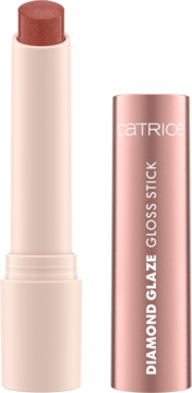 Błyszczyk Catrice Diamond Glaze Gloss Stick, sztyft brązowo-różowy z połyskiem, obok metaliczna nakrętka produktu.