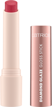 Błyszczyk Catrice Diamond Glaze Gloss Stick Too Glam otwarty, jagodowy odcień, jasnoróżowa obudowa, różowo-złota nakładka.