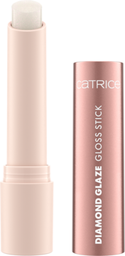 Błyszczyk Catrice Diamond Glaze Gloss Stick, otwarty transparentny z drobinkami i zamknięty w różowym etui.