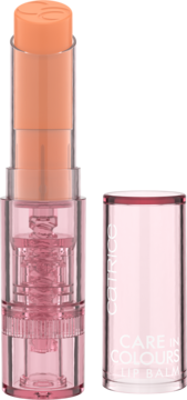 Otwarty Catrice Care In Colours Lip Balm 080 Happy Hour w ciepłym nude z masłem shea. Przezroczysta różowa tubka i nakrętka.