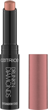 Catrice Drunk'n Diamonds Eyeshadow Stick Pink Jelly Kiss, czarny, z wysuniętym różowozłotym cieniem obok zdjętej nakrętki.