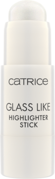 Biały rozświetlacz Catrice Glass Like Highlighter Stick z kremową, odsłoniętą końcówką o złotym połysku. Widok z przodu.