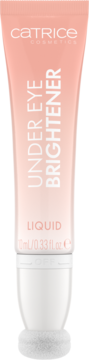 Catrice rozświetlający Under Eye Brightener Liquid, brzoskwiniowa tubka, biały aplikator-gąbeczka, widok z przodu.