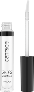 Przezroczysty błyszczyk Catrice Gloss Obsessed Lip Glaze 010, otwarta butelka z białym aplikatorem.