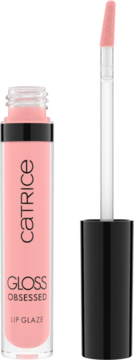 Catrice Gloss Obsessed Lip Glaze w jasnoróżowym kolorze, błyszczyk w otwartej, przezroczystej tubce z aplikatorem.