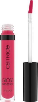 Różowy błyszczyk Catrice Gloss Obsessed Lip Glaze w otwartej tubce, z aplikatorem obok, błyszczące wykończenie.