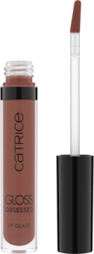 Catrice Gloss Obsessed Lip Glaze w brązowo-nude odcieniu, otwarty, z widocznym aplikatorem obok opakowania.