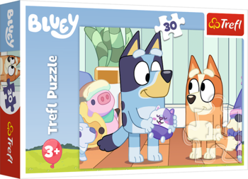 Niebieskie pudełko puzzli Trefl Bluey 30 el. z psem Bluey trzymającym zabawkę. Dla dzieci od 3 lat.