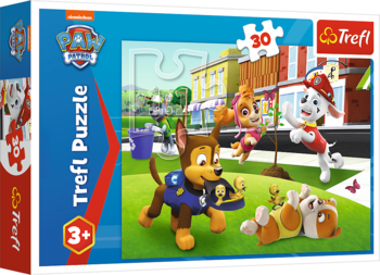 Trefl Puzzle Psi Patrol, 30 elementów. Front pudełka z Chase, Marshall i Skye w parku. Wiek 3+.