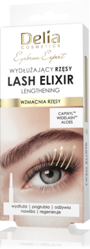 Delia Cosmetics Lash Elixir, wydłużające serum do rzęs w białym pudełku z grafiką oka, front.