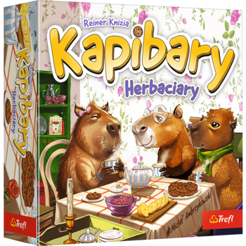 Gra planszowa Kapibary Herbaciary, pudełko z kapibarami pijącymi herbatę przy stole, widok z przodu i boku.