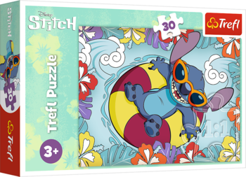 Puzzle Trefl Stitch 30 elementów: uśmiechnięty Stitch w okularach na żółtym kółku wodnym, tropikalne tło.