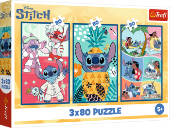 Frontal view: Disney Stitch 3x80 puzzle box z trzema żywymi scenami: Stitch w garniturze, ananas i impreza na plaży. Trefl.