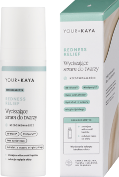 YOUR KAYA Redness Relief, wyciszające serum do twarzy, w białej butelce i pasującym zielono-miętowym pudełku, widok z przodu.