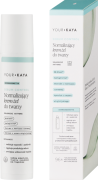YOUR KAYA Normalizujący krem-żel do twarzy, biała butelka z pompką i pudełko z turkusowymi akcentami.