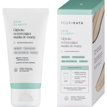 Maska głęboko oczyszczająca Your Kaya Skin Clarity w białej tubce z zielonymi detalami i kartonowym pudełku, widok z przodu.