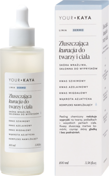 YOUR+KAYA złuszczająca kuracja do twarzy i ciała w białej butelce z pipetą, obok białego opakowania, na jasnym tle.