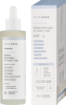 Your Kaya Skin Renew peeling do twarzy i ciała, butelka z pipetą i opakowanie, pokazane razem z boku.