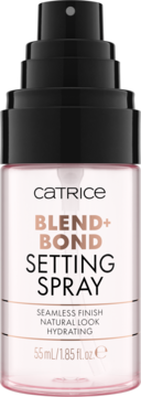 Różowy spray utrwalający makijaż Catrice Blend+Bond 55ml w butelce z czarną pompką, widok z przodu.