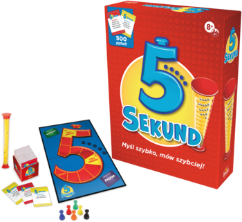Gra planszowa 5 Sekund z nowym zestawem pytań. Czerwone pudełko, plansza, karty i klepsydra, widok z przodu.