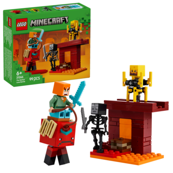 Zestaw LEGO Minecraft The Nether Fight (21185) z figurkami Alex, szkieletem, złotym Hoglinem oraz netherową scenerią. Pudełko obok.