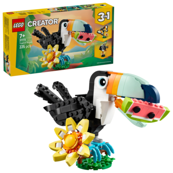 LEGO Creator 3w1, model tukana z kolorowym dziobem trzyma arbuza, obok żółty kwiat, z pudełkiem 7+.
