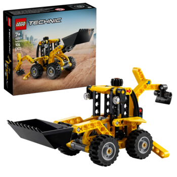 Żółto-czarny model LEGO Technic 42102 Koparko-ładowarka, widok z boku, z pudełkiem w tle.