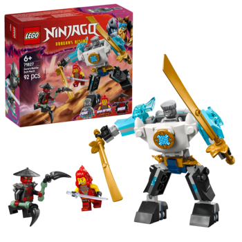 LEGO Ninjago Jay's Titan Mech 71785, biało-czarno-niebieski robot ze złotymi mieczami, z figurkami. Widok z przodu.