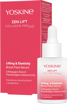Yoskine Zen Lift Collagen Pro[20] Lifting & Elasticity serum w butelce z pipetą, obok różowego opakowania.
