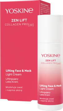 Yoskine Zen Lift Collagen Pro[20] Lifting Face & Neck Light Cream, różowe pudełko i biała butelka, widok z przodu.