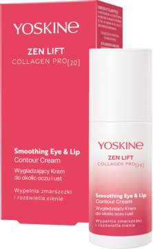 Yoskine Zen Lift Collagen Pro[20] krem do oczu i ust. Biała butelka obok różowego pudełka, widok z przodu.