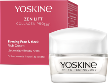 YOSKINE ZEN LIFT COLLAGEN PRO[20] ujędrniający krem w białym słoiku, obok różowego pudełka, widok z przodu pod kątem.