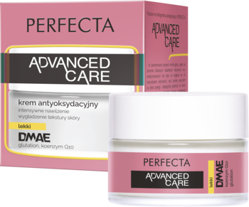 Perfecta Advanced Care lekki krem antyoksydacyjny z DMAE w różowo-białym słoiku i kartoniku, widok z przodu.
